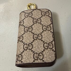 Gucci Beige and Brown Monogram Key Fob Holder with Gold Hardware